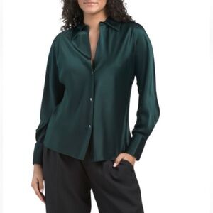 VINCE 100% Silk Bias Cut Long Sleeve Blouse in Juniper - NWT! - S